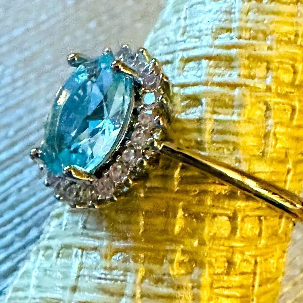 NATURAL AQUAMARINE 925 HALO RING LIGHT BLUE ROUND ART DECO STATEMENT RING